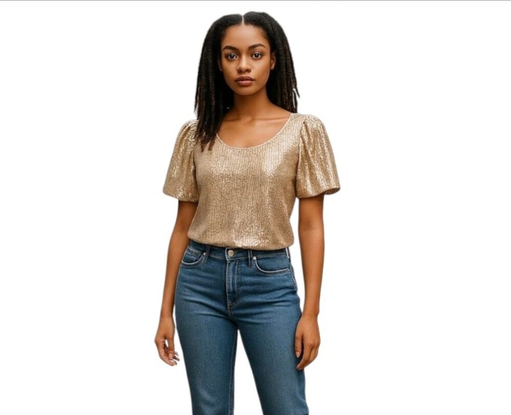 A.U.W. Boutique Gold Sequin Short Balloon Sleeve Scoop Neck Top Size Small